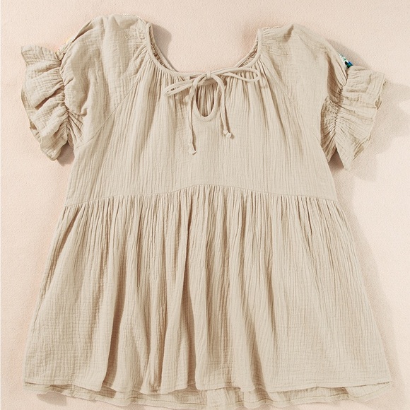 Khaki  Crinkle Embroidered Patched Bubble Sleeve Tied Neck Blouse Bohemian - Picture 11 of 11